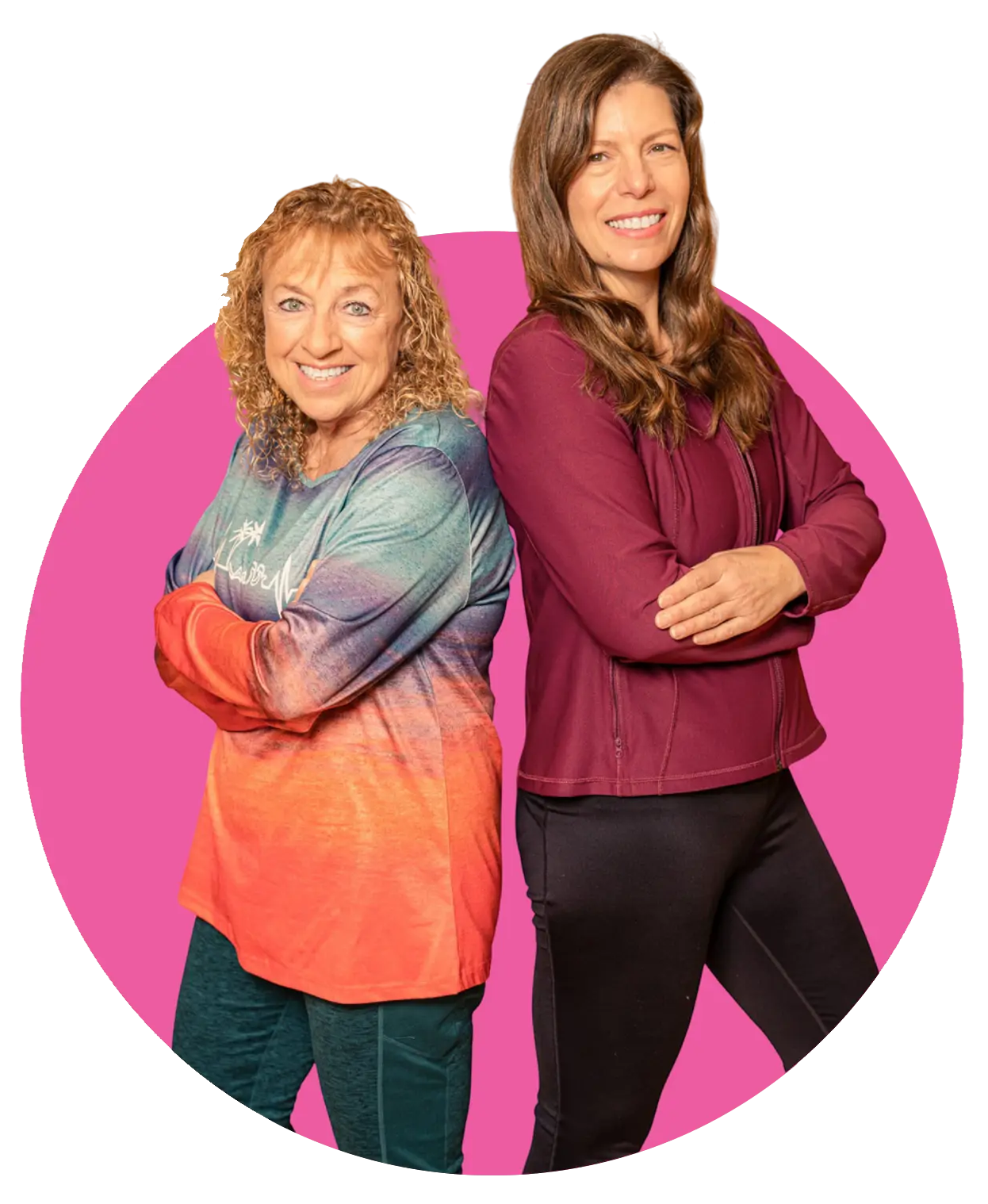 01a (1) Two women standing next to each other in front of a pink circle.